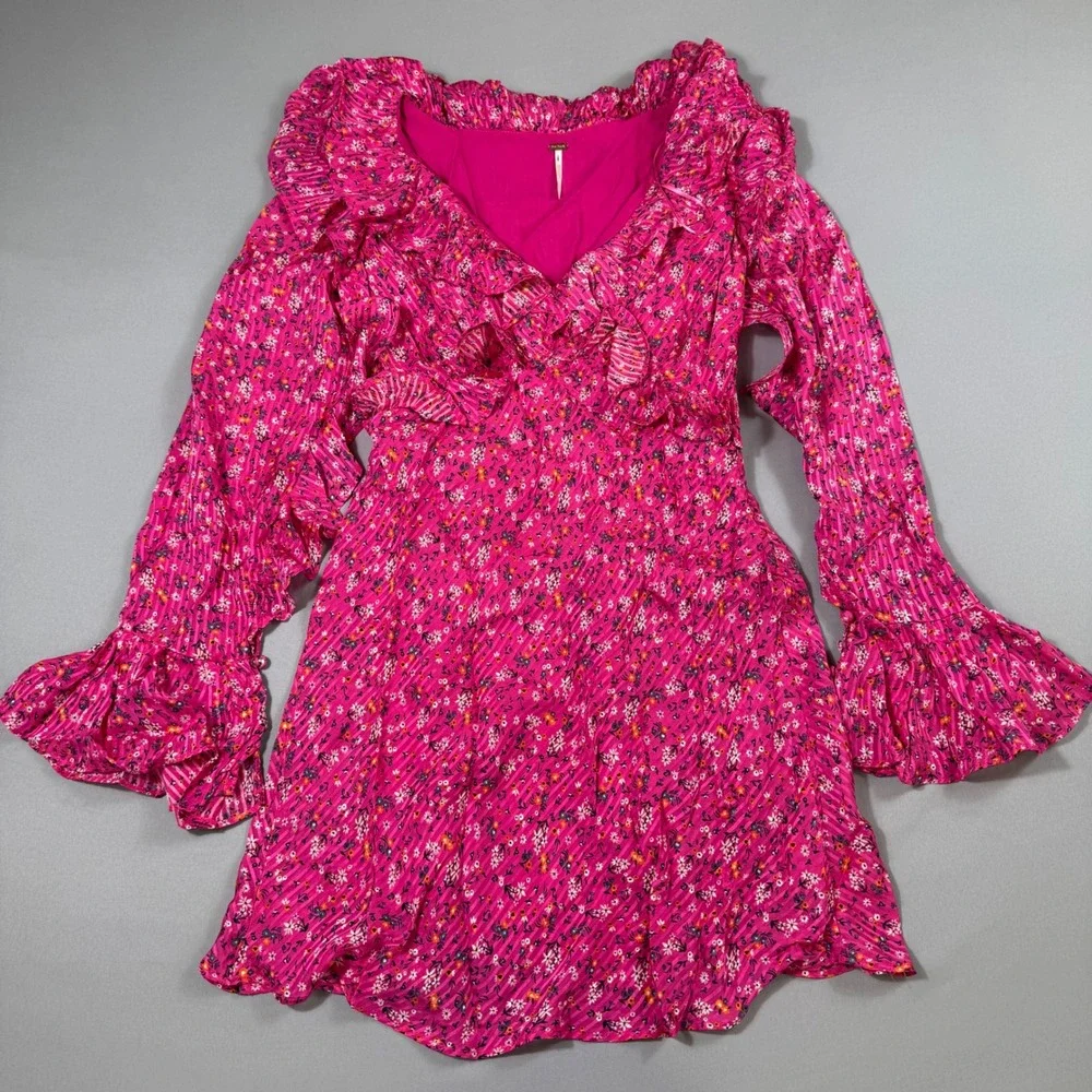 Free People Mini Dress Womens Size 6 Pink Floral Ruffle Flounce Sleeve OB1240766